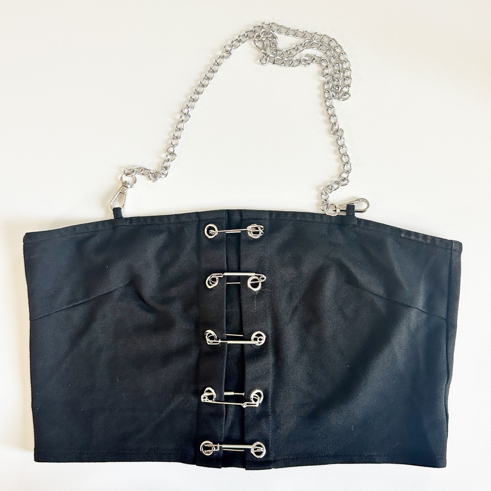 Lychee Womens Black Safety Pin Chain Halter‎ Goth Grunge Punk Tube Top Size L